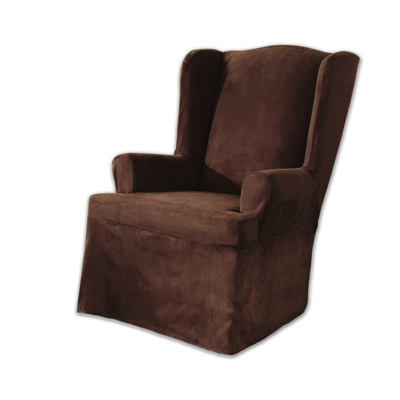 Surefit SURE FIT Soft Suede T-Cushion Wing Chair One Piece Slipcover, Relaxed Fit, Polyester, Machine Washable, Chocolate Color - Image 1